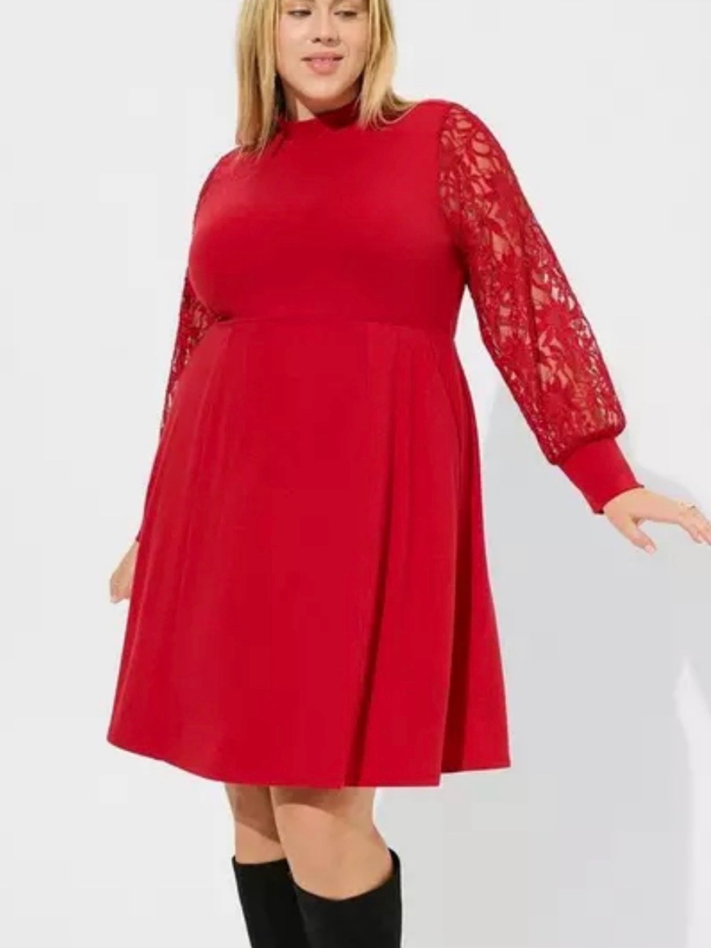 NWT Torrid Red Lace-Sleeve Mock Neck Skater Dress - Jester Red